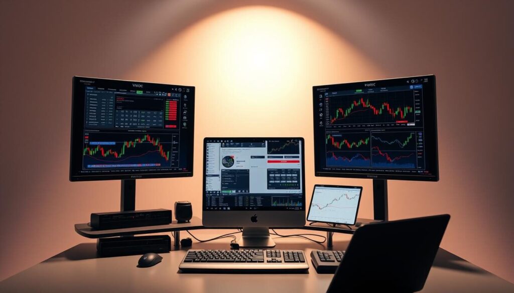 A professional forex trading workstation set against a sleek, minimalist backdrop. In the foreground, an array of high-resolution displays showcases live market data, trading charts, and analytical tools. Nestled among the displays, a modern desktop computer with a clean, metallic finish. Strategically placed, a series of specialized input devices, including a precision mouse, a programmable keypad, and a tactile trading console. Overhead, a balanced, natural lighting arrangement casts a warm, focused glow on the workspace, creating an atmosphere of focus and productivity. In the background, a subtle gradient or solid color palette complements the modern, high-tech aesthetic.