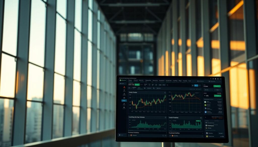 A professional-grade trading platform interface, with a clean and intuitive design. Set against a background of sleek modern architecture, with floor-to-ceiling windows bathing the scene in warm, natural lighting. In the foreground, a user-friendly dashboard displays real-time market data, charting tools, and intuitive order entry systems. Strategically placed in the middle ground, essential widgets for monitoring positions, managing risk, and executing trades. The overall atmosphere conveys a sense of confidence, control, and efficiency - the hallmarks of a comprehensive, world-class trading experience.