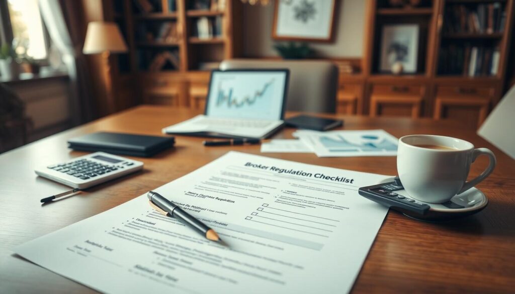 A professional-looking broker regulation checklist document on a wooden desk, with a pen, calculator, and a cup of coffee in the foreground. The document has a clean, organized layout with various sections and checkboxes. The middle ground shows a laptop and some financial charts or graphs, conveying the idea of compliance and regulatory oversight. The background features a warm, softly-lit office environment with bookshelves and decorative elements, creating a sense of authority and expertise. The lighting is natural and diffused, lending a sophisticated and trustworthy atmosphere to the scene.