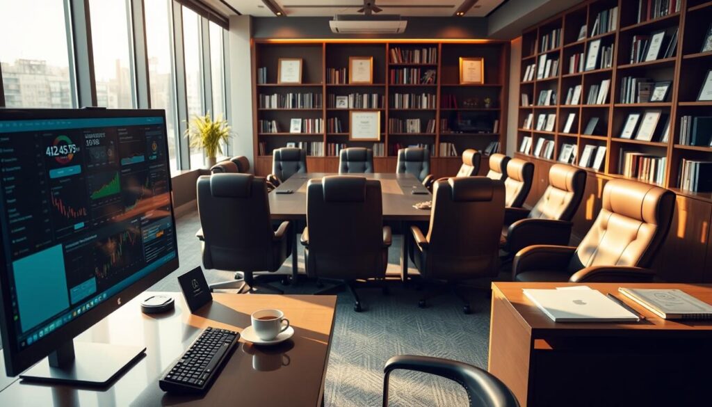 A professional-looking forex broker's office interior, illuminated by soft, natural lighting filtering through large windows. In the foreground, a desktop workstation with a computer monitor displaying financial data dashboards and security measures. On the desk, a nameplate, a cup of coffee, and other office accessories. In the middle ground, rows of high-backed leather chairs and a central conference table, conveying an atmosphere of security and trust. The background features bookshelves filled with financial publications and framed certificates, indicating the broker's expertise and regulatory compliance.