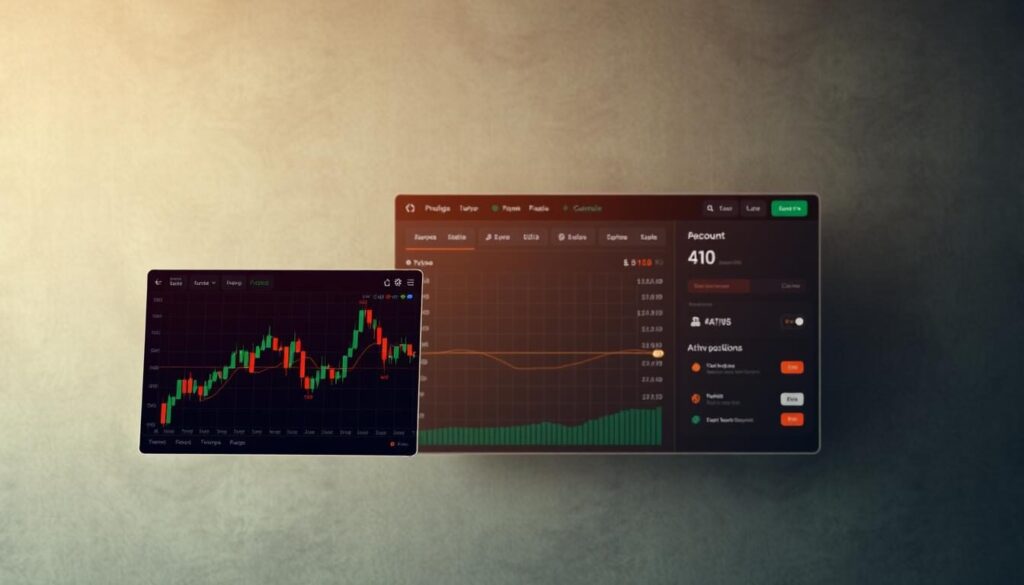 A professional-looking forex trading interface with a clean, minimalist design. In the foreground, a dynamic real-time chart displaying currency pair fluctuations, with intuitive technical indicators overlaid. In the middle ground, a sleek, user-friendly dashboard showcasing account details, balance, and active positions. The background features a subtle, elegant texture suggestive of financial markets, with muted tones and soft lighting to convey a sense of professionalism and trustworthiness. The overall composition should strike a balance between functionality, aesthetics, and the essence of a top-tier forex trading experience.