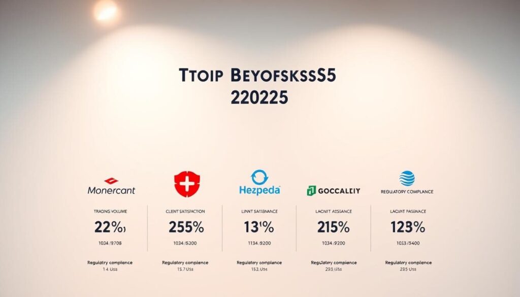 A professional, minimalist stock chart display showcasing the top 5 forex brokers of 2025, presented against a clean, white background. The brokers' logos are prominently featured in the foreground, arranged in a visually striking layout. The chart presents key performance metrics such as trading volume, client satisfaction, and regulatory compliance in a clear, easy-to-digest manner. The overall aesthetic is sleek, modern, and reflects the sophistication of the Swiss financial market. Subtle, warm lighting from the top-left casts a gentle glow, creating depth and emphasizing the subject matter. The composition is balanced, drawing the viewer's eye to the most important information.