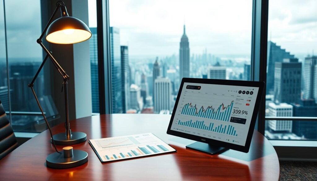 A professional, modern office setting with a polished wooden desk, a desktop computer, and a smart lamp providing warm, focused lighting. On the desk, a chart displaying key financial indicators and metrics, conveying the careful evaluation and monitoring of market trends. In the background, an expansive window overlooking a bustling city skyline, symbolizing the global reach and transparency of the brokerage's operations. The overall atmosphere is one of precision, reliability, and a commitment to safeguarding client assets through meticulous risk management practices.