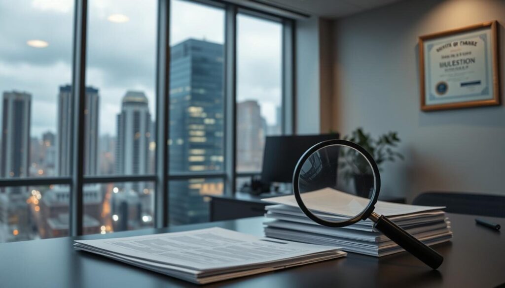 A professional, modern office space with a large window overlooking a bustling cityscape. In the foreground, a desk with a desktop computer, a stack of regulatory documents, and a magnifying glass, symbolizing the careful analysis of financial regulations. On the wall, a framed certificate or license, indicating the high standards of the financial institution. Soft, diffused lighting illuminates the scene, creating a sense of professionalism and attention to detail. The overall mood is one of diligence, responsibility, and adherence to regulatory guidelines in the world of forex trading.