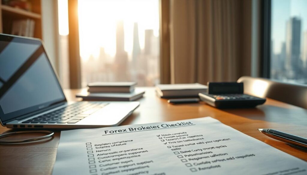 A professional, neatly arranged workspace with a laptop, notepad, and calculator on a wooden desk. The desk is illuminated by soft, natural lighting streaming in through a window, creating a warm, inviting atmosphere. In the foreground, a checklist titled "Forex Broker Checklist" is visible, with various items like regulatory compliance, platform features, and customer support options to be evaluated. The background features a cityscape of skyscrapers, hinting at the global nature of the forex market. The overall scene conveys a sense of diligence, research, and informed decision-making in the world of forex trading.