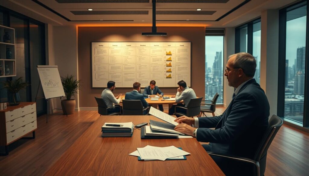 A professional office setting with a mid-century modern aesthetic. In the foreground, a businessperson in a suit sits at a sleek, wooden desk, intently reviewing files and documents. Behind them, a large whiteboard displays a structured workflow, with detailed checklists and metrics. The middle ground features a team of analysts collaborating around a conference table, deep in discussion. Warm, indirect lighting casts a soft glow, creating a contemplative atmosphere. In the background, floor-to-ceiling windows overlook a bustling cityscape, hinting at the broader industry context. The overall scene conveys a sense of rigor, expertise, and diligence in the broker evaluation process.