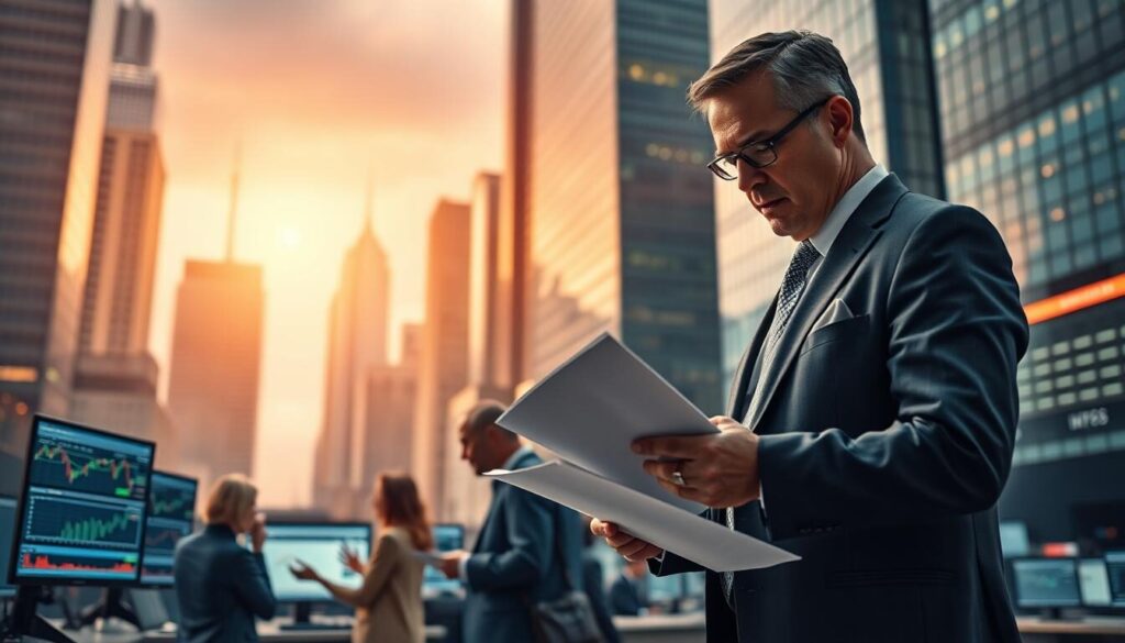 A professional regulatory authority stands tall, dressed in a sharp suit, examining documents with a thoughtful expression. In the middle ground, traders engage in animated discussions, gesturing towards computer screens displaying forex charts and data. The background depicts a bustling financial district, skyscrapers reaching towards the sky, symbolizing the scale and complexity of the global forex market. Warm, directional lighting creates a sense of authority and gravitas, while a subtle depth of field focuses the viewer's attention on the regulatory figure, underscoring the pivotal role they play in safeguarding traders.