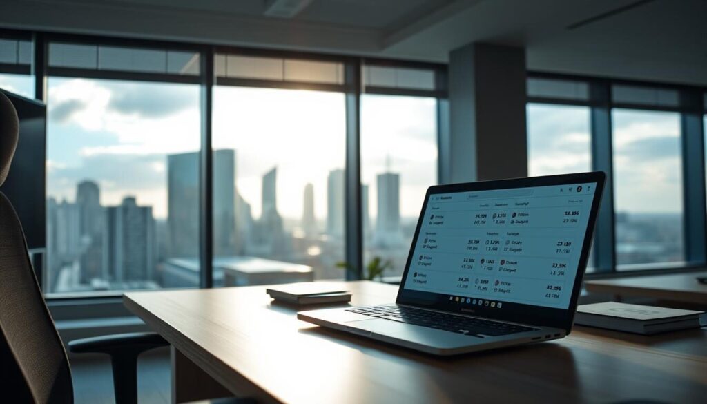 A professional stock trader's desk in a modern Swedish office, bathed in soft natural light. On the desk, a sleek laptop displays various account types and leverage options. In the background, a large window overlooks the city skyline, reflecting the progressive financial landscape of Sweden. The scene conveys a sense of precision, control, and the careful consideration of trading conditions. The overall mood is one of calm competence and technological sophistication.