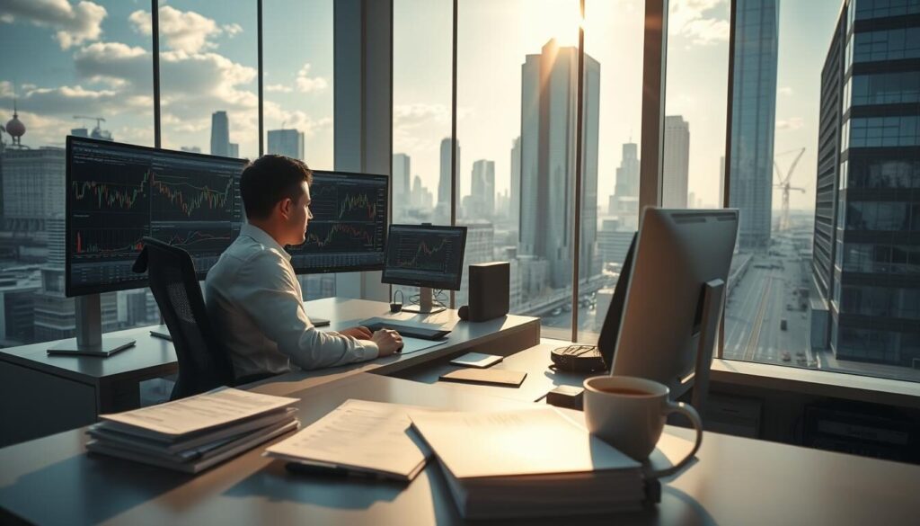 A professional trader sits at a well-lit desk, intently studying financial charts and data displayed on multiple high-resolution monitors. The desk is adorned with a sleek, modern design, complemented by ergonomic furniture and state-of-the-art computer equipment. Sunlight streams in through large windows, casting a warm glow over the scene. In the foreground, a stack of financial documents and a cup of coffee hint at the focus and dedication required for successful trading. In the background, a cityscape of skyscrapers and bustling streets suggests the dynamic nature of the financial markets. The overall atmosphere conveys a sense of precision, concentration, and the potential for rewarding trading outcomes enhanced by the strategic use of broker bonuses.