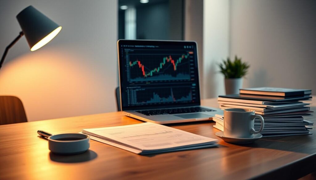 A professional trader's desk, illuminated by a warm, ambient light. On the surface, a laptop displays a trading platform, accompanied by sleek, minimalist financial charts. Nearby, a stack of neatly organized documents and a cup of coffee evoke a sense of focused, efficient work. The background is a serene, modern office space, with clean lines and neutral tones, suggesting a streamlined, low-cost trading environment. The overall mood is one of calm, calculated decision-making, highlighting the core concept of "low fee trading strategies" within the context of the article's subject.