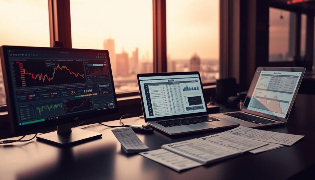 A professional trading desk, dimly lit with warm hues, showcasing a variety of risk management tools. In the foreground, a desktop monitor displays a comprehensive dashboard of financial data and analytics. Beside it, a sleek, modern laptop presents a detailed risk analysis report. In the middle ground, a series of physical trading cards and checklists are neatly arranged, representing the various risk factors and mitigation strategies. The background is filled with a subtle, out-of-focus cityscape, alluding to the global scale of the trader's operations. The overall atmosphere conveys a sense of focused, meticulous risk management within a dynamic financial landscape.