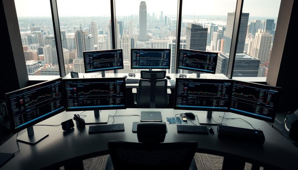 A professional trading desk with a sleek, modern design. In the foreground, an array of trading account types are displayed on crisp, high-resolution monitors, each with detailed information and statistics. In the middle ground, a stylish, ergonomic desk setup with a comfortable chair and thoughtful lighting creates an immersive, productive atmosphere. The background features a panoramic view of a bustling financial district, with skyscrapers and city streets visible through large windows, conveying a sense of the global scope of the forex market. The overall scene is captured with a shallow depth of field, emphasizing the focal points of the account types and creating a sense of depth and perspective.