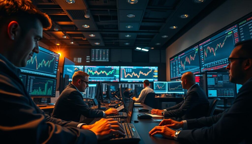A professional trading floor with brokers actively monitoring charts, graphs, and trading platforms. The scene is illuminated by warm, focused lighting, casting dynamic shadows that highlight the intensity of the traders' expressions. In the foreground, brokers intently study volatile price movements, their hands poised over keyboards, reflecting the fast-paced nature of the forex market. In the middle ground, various financial data visualizations are displayed on large screens, providing context and insight into the ebb and flow of trading hours. The background is a blurred cityscape, hinting at the global scale of the forex industry. The overall atmosphere conveys a sense of high-stakes decision-making, data-driven analysis, and the ever-changing dynamics of the currency exchange market.