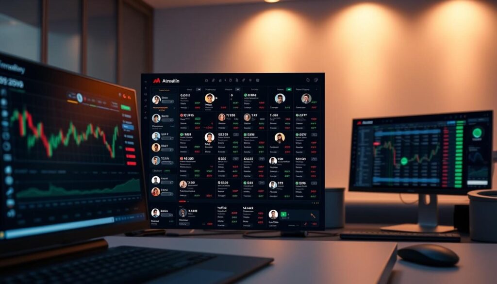 A professional trading platform displaying intuitive copy trading tools. In the foreground, a sleek user interface showcases real-time graphs, performance indicators, and asset management controls. The middle ground features a matrix of trader profiles, each with customizable risk levels and historical trade data. In the background, a clean and minimalist workspace exudes a sense of focus and efficiency, enhanced by warm lighting and a subtle gradient backdrop. The overall atmosphere conveys a seamless, user-friendly experience for automated trading and social copy trading strategies.