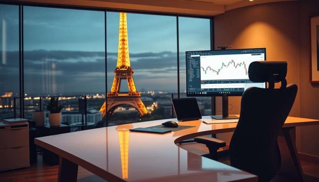 A professional, well-appointed office setting with a sleek, modern desk, ergonomic chair, and a large, high-resolution computer display showcasing trading graphs and analytics. Warm, indirect lighting casts a soft glow, creating a focused and productive atmosphere. In the background, the Eiffel Tower stands tall, a recognizable symbol of France, hinting at the global reach and expertise of the featured forex brokers. The overall composition conveys a sense of authority, success, and the sophisticated financial landscape of the French forex market.