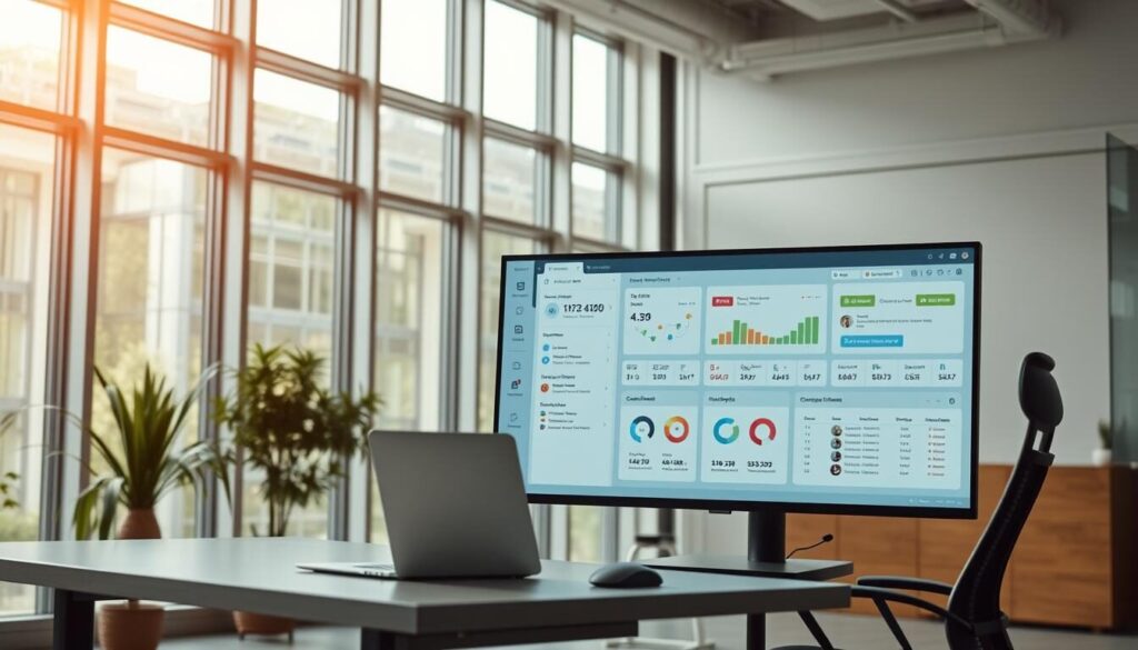 A professional, well-lit office interior with a focus on a modern customer relationship management (CRM) software interface. The foreground displays a sleek, intuitive CRM dashboard on a large, high-resolution monitor, showcasing client data, communication logs, and workflow management tools. The middle ground features a stylish, minimalist desk setup with a laptop, mouse, and ergonomic chair, creating a productive work environment. The background showcases floor-to-ceiling windows, allowing natural light to flood the space and creating a bright, airy ambiance. The overall scene conveys a sense of efficiency, organization, and a commitment to providing excellent client services.