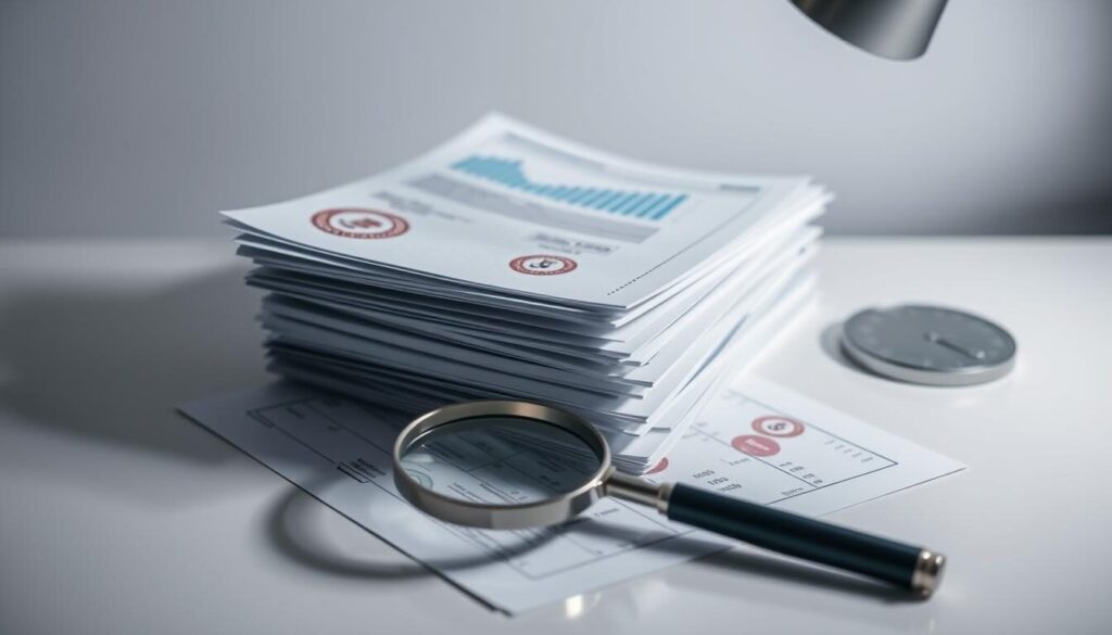 A professional, well-lit studio photograph of a stack of official-looking documents, financial charts, and a magnifying glass, all arranged on a clean, minimalist desk. The documents should prominently display seals, stamps, and official markings to convey a sense of regulatory oversight and compliance. The lighting should be soft and diffused, creating subtle shadows and highlights that accentuate the textures and details of the scene. The composition should be balanced, with the key elements occupying the foreground and middle ground, while the background remains subtly out of focus, creating a sense of depth and focus on the regulatory safeguards.