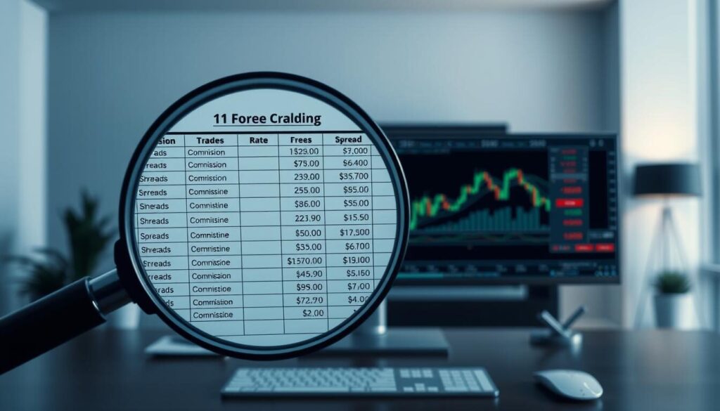 A realistic, detailed illustration of the trading costs and fees for a forex broker. In the foreground, a magnifying glass hovers over a spreadsheet displaying various commission rates, spreads, and other trading-related charges. The middle ground features a computer monitor displaying a trading platform interface, with highlighted sections denoting the cost breakdown. The background depicts a serene office setting, with subdued lighting and a minimalist aesthetic, emphasizing the importance of understanding the financial implications of forex trading. The overall tone is informative and analytical, guiding the viewer's attention to the essential details of the trading costs.
