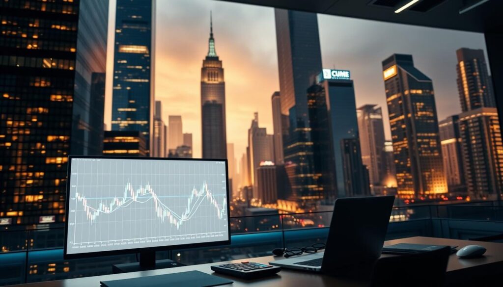 A regulated trading security set against a backdrop of a sleek, modern financial district. In the foreground, a crisp stock chart projected onto a large, backlit display, its lines and curves conveying a sense of order and precision. The middle ground features a desk with a laptop, calculator, and other trading paraphernalia, all bathed in a warm, subdued lighting that suggests a focused, professional atmosphere. In the background, towering skyscrapers and a cityscape alive with the energy of a bustling financial hub, underscoring the importance of the security being traded. The overall mood is one of stability, authority, and the careful, regulated control of a complex market.