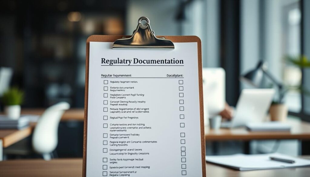 A regulatory documentation checklist presented on a well-organized, professional-looking clipboard with a clean, minimalist design. The clipboard is positioned in the middle ground, with a blurred background of a modern office setting, perhaps with a desk, laptop, and other office supplies visible. The checklist itself features a neatly formatted list of regulatory requirements, with checkboxes next to each item, conveying a sense of thoroughness and attention to detail. The lighting is soft and diffused, creating a calm and organized atmosphere. The overall mood is one of efficiency, compliance, and attention to detail, reflecting the subject matter of the "Essential Documentation and Regulatory Compliance" section.