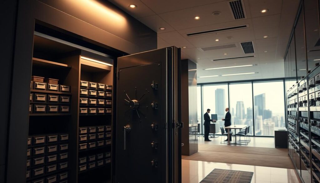 A secure and compliant financial institution, with a strong emphasis on safeguarding client funds. In the foreground, a vault door stands open, revealing a well-organized and meticulously maintained interior. Shelves line the walls, housing numerous lockboxes and secure deposit boxes. Soft, diffused lighting from above casts a warm glow, instilling a sense of trust and reliability. In the middle ground, a team of financial professionals carefully monitor transactions and account activity, ensuring the highest standards of compliance and regulatory oversight. In the background, a sleek, modern office space with floor-to-ceiling windows overlooking a bustling city skyline, symbolizing the institution's commitment to transparency and governance.