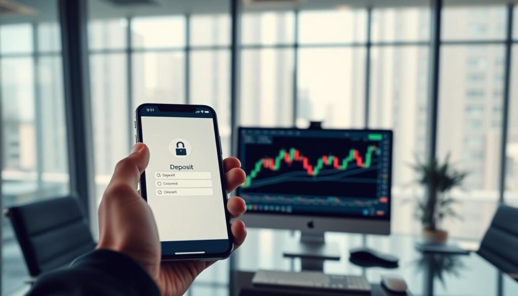 A secure deposit process for forex trading, captured in a sleek, modern office setting. In the foreground, a smartphone screen displays a secure login interface, with a user's hand reaching towards it. In the middle ground, a desktop computer monitor shows a forex trading platform, its graph lines charting dynamic market movements. The background features floor-to-ceiling windows, allowing natural light to flood the space, creating a sense of transparency and trust. The overall atmosphere is one of professionalism, technology, and financial security, conveying the reliability and trustworthiness of the best forex brokers with welcome bonuses.