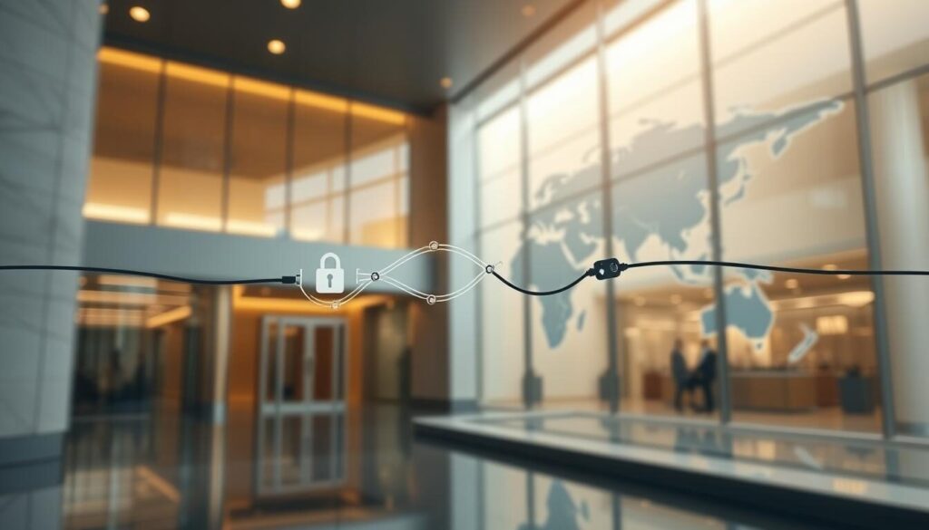 A secure global wire transfer in an elegant, minimalist financial setting. In the foreground, a stylized wire transfer symbol representing the seamless movement of funds across borders. In the middle ground, sleek, modern banking architecture with clean lines and reflective glass surfaces. The background features a subtly blurred world map, symbolizing the international reach and connectivity of the global financial system. Warm, diffused lighting creates a sense of trust and reliability. The overall mood is one of precision, efficiency, and technological sophistication in the world of international finance.