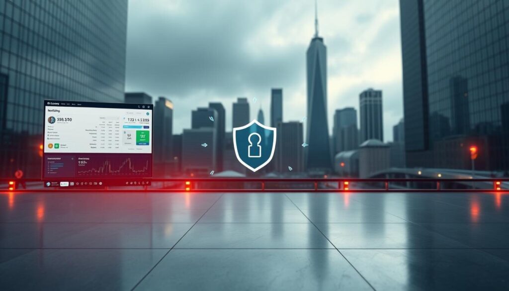 A secure trading account, protected by layers of digital safeguards, stands resolute against cyber threats. In the foreground, a sleek, minimalist interface displays account details, transactions, and portfolio performance, all encrypted and access-controlled. The middle ground features state-of-the-art two-factor authentication, biometric security, and advanced anomaly detection algorithms, vigilantly monitoring for any suspicious activity. In the background, a serene cityscape of towering skyscrapers reflects the robust infrastructure and institutional trust that underpins this secure trading platform, instilling a sense of confidence and reliability.