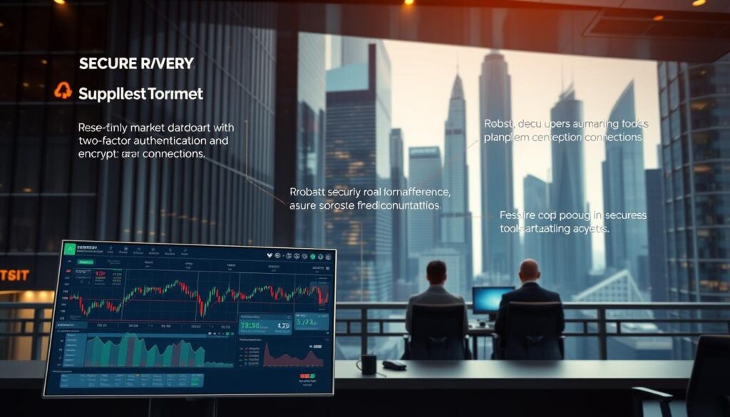 A secure trading platform set against a backdrop of a sleek, modern financial district. In the foreground, a user-friendly dashboard displays real-time market data, trading tools, and robust security features like two-factor authentication and encrypted connections. The middle ground features a team of financial experts monitoring the platform, ensuring seamless and secure transactions. The background showcases the towering skyscrapers of a bustling city, conveying a sense of stability and reliability. The lighting is warm and inviting, with a soft focus on the key elements, creating a professional and trustworthy atmosphere.