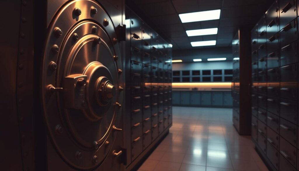 A secure vault with thick steel walls, dimly lit by warm ambient lighting. In the foreground, a massive steel door with intricate lock mechanisms, conveying impenetrable security. The middle ground features rows of safety deposit boxes, their drawers closed and locked, symbolizing the protection of client funds. The background showcases a panoramic view of the vault's interior, with organized shelves and cabinets, exuding a sense of order and careful management. The atmosphere is one of unwavering safety and reliability, instilling confidence in the safekeeping of valuable assets.
