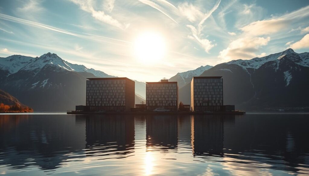 A serene Norwegian fjord landscape, with snow-capped mountains in the background and a tranquil lake in the foreground. Sunlight filters through wispy clouds, casting a warm glow over the scene. In the center, a group of elegant modern office buildings with sleek, Nordic-inspired architecture, representing the best forex brokers in Norway. The buildings are reflected in the still waters of the lake, creating a sense of balance and harmony. The overall atmosphere is one of sophistication, reliability, and natural beauty, perfectly capturing the essence of the Norwegian forex industry.
