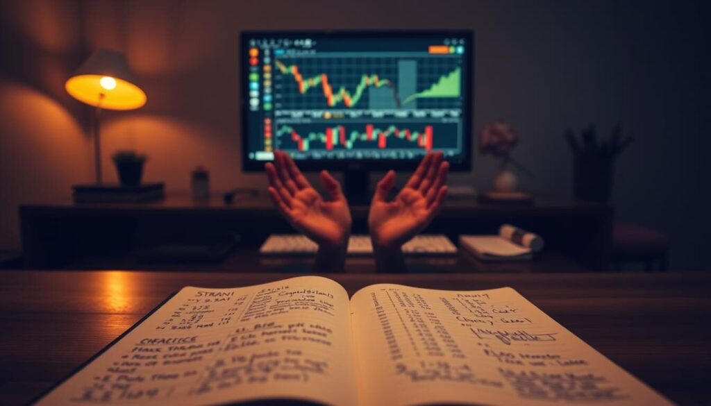 A serene and contemplative trading desk, illuminated by warm, ambient lighting. In the foreground, a strategist's notebook lies open, filled with handwritten charts and calculations. On the desk, a desktop monitor displays real-time market data, its graphs reflecting the ebb and flow of the trading world. In the middle ground, a pair of hands, palms up, symbolize the mindful and attentive state required for successful trading psychology. The background is a tranquil, minimalist environment, suggesting the importance of focus and clarity in the pursuit of financial mastery.