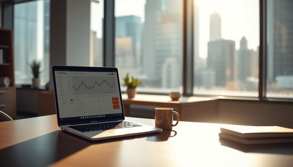 A serene and inviting office scene showcasing the benefits of a demo trading account. In the foreground, a laptop displays a financial dashboard, its screen bathed in warm, natural lighting. In the middle ground, a stylish desk with minimalist decor, including a potted plant and a mug of hot beverage. The background features floor-to-ceiling windows overlooking a cityscape, creating a sense of professionalism and financial sophistication. The overall mood is one of productivity, transparency, and the importance of practicing in a risk-free environment before engaging in live trading.