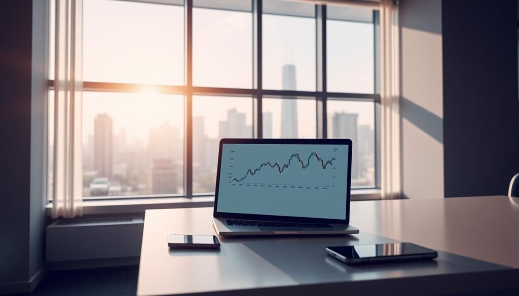 A serene and minimalist office setting, with a large window overlooking a city skyline. In the foreground, a laptop and mobile device sit on a clean, uncluttered desk. Sunlight filters in, casting a warm, soft glow. On the screen of the laptop, a chart or graph illustrates the concept of "low minimum deposit strategies" in the forex trading context. The overall atmosphere conveys a sense of simplicity, efficiency, and financial accessibility, reflecting the "Benefits and Drawbacks of Low Minimum Deposit Strategies" section of the article.