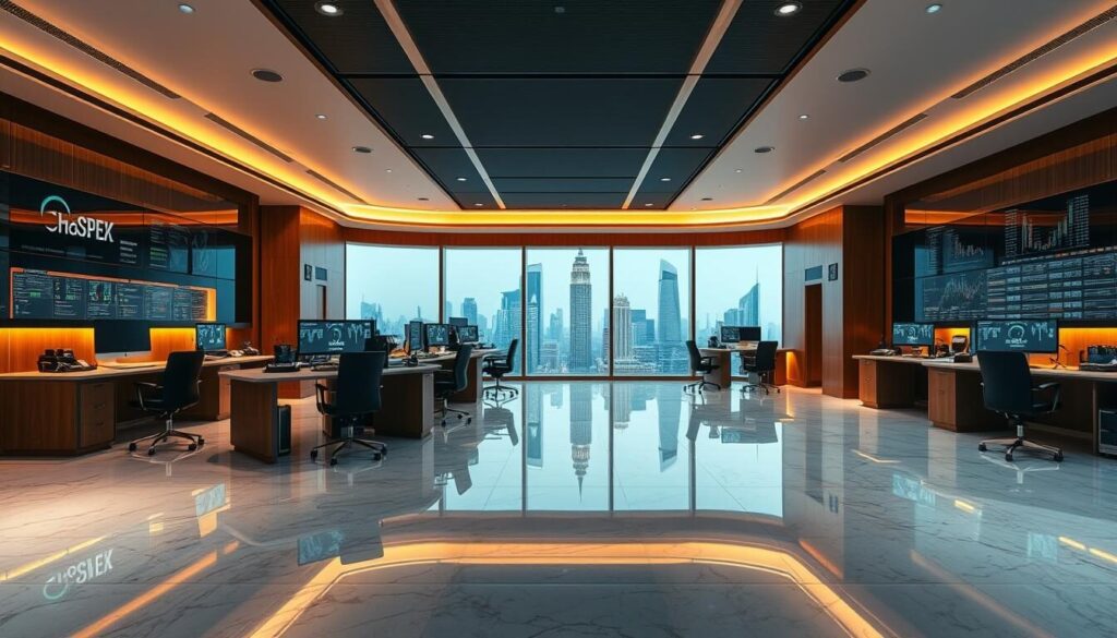 A serene and sophisticated trading environment with sleek, modern workstations bathed in the warm glow of sophisticated lighting. Polished marble floors and high-end wood paneling create an atmosphere of security and exclusivity. In the background, a panoramic view of a bustling financial district, conveying a sense of connectivity and global reach. The space is designed with ergonomics and privacy in mind, allowing traders to focus intently on their screens while remaining aware of their surroundings. The overall mood is one of professionalism, efficiency, and unwavering stability - a secure haven for sophisticated financial transactions.