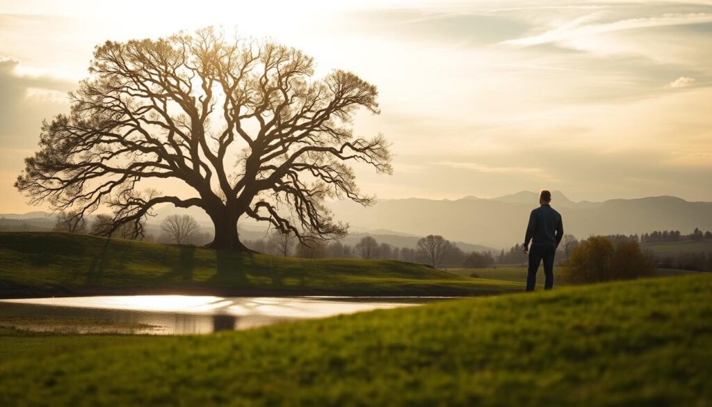 A serene landscape comes into focus, with a rolling green hillside in the foreground. In the middle ground, a sturdy oak tree stands tall, its branches casting a gentle shadow over a peaceful pond. Reflecting the sky's soft hues, the water's surface remains calm and tranquil. In the background, a range of distant mountains rises, their peaks capped with a dusting of snow. Warm, golden light filters through wispy clouds, illuminating the scene with a sense of security and protection. A lone figure, contemplative yet confident, stands beside the pond, symbolizing the strategies employed to safeguard one's investments.