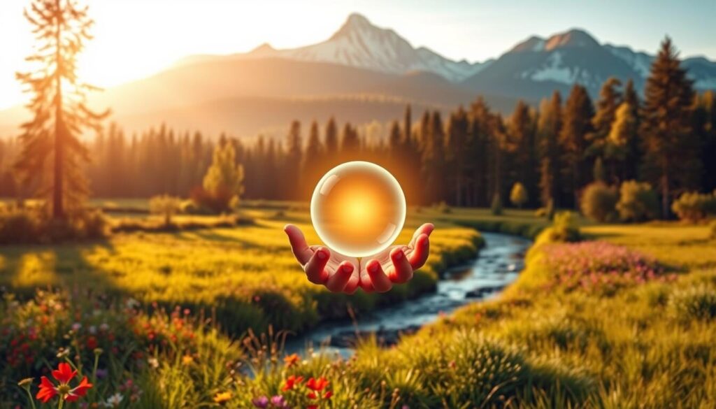 A serene landscape with a lush meadow in the foreground, dotted with vibrant wildflowers and a winding stream. In the middle ground, a thriving forest with towering trees casts a warm, golden glow. In the distance, a majestic mountain range stands tall, its peaks bathed in the soft light of the sun. A pair of hands gently cupping a glowing orb, symbolizing the risk-free benefits of trading, hovers in the center of the frame, creating a sense of balance and tranquility. The overall atmosphere is one of harmony, security, and the promise of a rewarding trading experience.