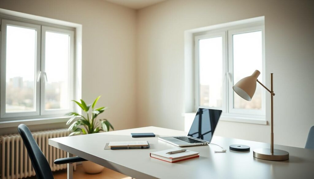 A serene, minimalist home office setup with a laptop, notebook, and a few essential items on a clean, uncluttered desk. The room is flooded with natural light from large windows, creating a bright and focused atmosphere. The walls are a calming neutral tone, allowing the workspace to take center stage. A potted plant adds a touch of greenery, while a sleek lamp provides soft, diffused lighting. The overall scene conveys a sense of independence, organization, and purposeful Forex trading, without the need for a traditional brokerage setup or high leverage.