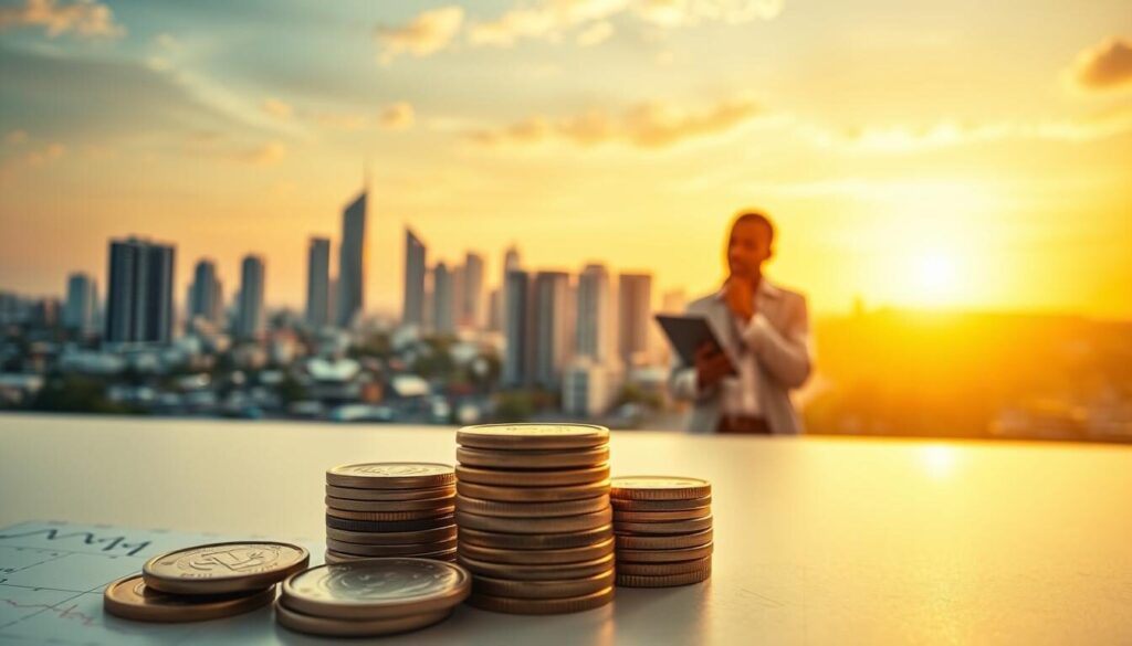 A serene, minimalist scene depicting the fundamental principles of forex trading for beginners in Tanzania. The foreground features a stack of coins, currency exchange charts, and a thoughtful trader examining a tablet. The middle ground showcases a bustling African cityscape with skyscrapers, markets, and vibrant colors, reflecting the dynamic Tanzanian financial landscape. The background is a warm, golden sunset sky, conveying a sense of growth, opportunity, and optimism. The lighting is soft and diffused, creating a calming, introspective atmosphere. The camera angle is slightly elevated, offering a birds-eye view of the scene, symbolic of the broader perspective needed for successful forex trading.