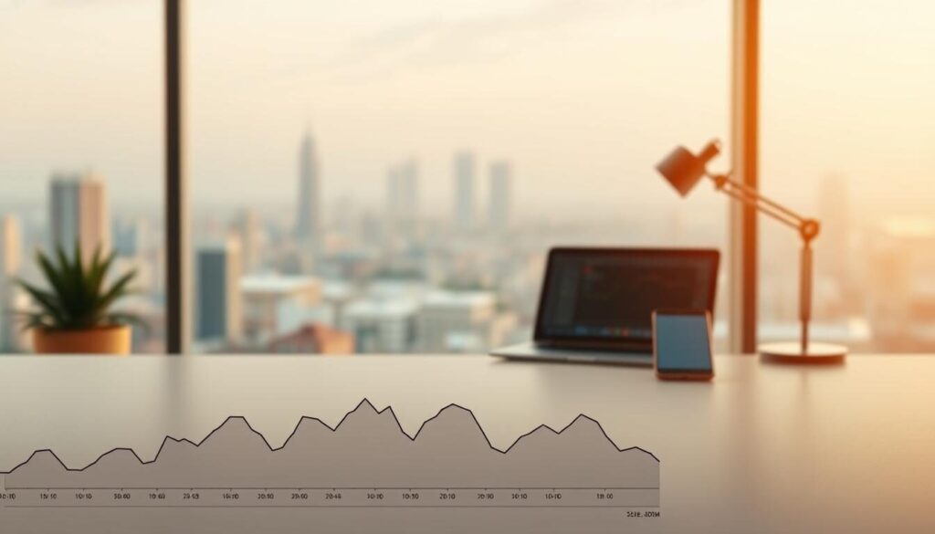 A serene, minimalist scene showcasing non-leveraged forex trading options. In the foreground, a subtle graph displays currency exchange rates in a clean, data-driven layout. In the middle ground, a desktop setup with a laptop, tablet, and smartphone, suggesting the digital tools for managing forex positions without leverage. The background features a tranquil, blurred cityscape, conveying the controlled, low-risk nature of this approach to forex trading. Warm, natural lighting casts a sense of calm over the entire composition, emphasizing the thoughtful, measured strategies involved in non-leveraged forex operations.