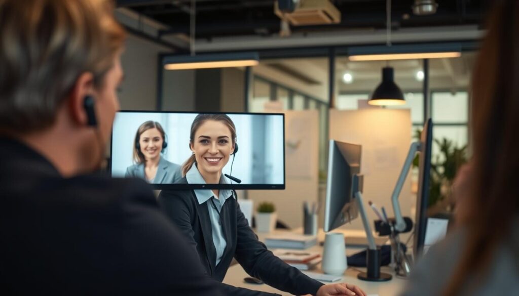 A serene office setting, with a customer service agent assisting a client over a video call. The agent's face is visible, conveying empathy and professionalism. In the background, a well-organized desk with a computer, headset, and various office supplies. Soft, warm lighting illuminates the scene, creating a calming, inviting atmosphere. The composition is balanced, with the client and agent positioned in the foreground, and the desk and office supplies in the middle ground. The overall mood is one of efficiency, reliability, and a dedication to providing exceptional customer support.