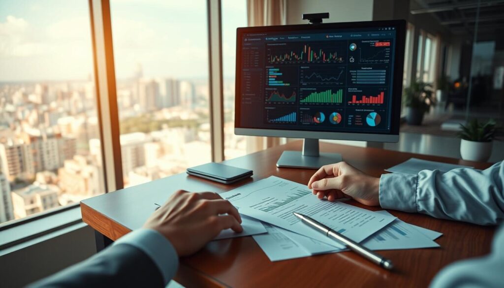 A serene office setting with a large window overlooking a cityscape. On the desk, a computer monitor displays a risk management dashboard, data visualizations, and financial charts. Nearby, a pair of hands carefully arrange various financial documents and a pen. Warm, natural lighting filters in, creating a contemplative atmosphere. The viewer's focus is drawn to the thoughtful, analytical process of risk assessment and strategy development. The scene conveys a sense of diligence, prudence, and a commitment to responsible financial decision-making.