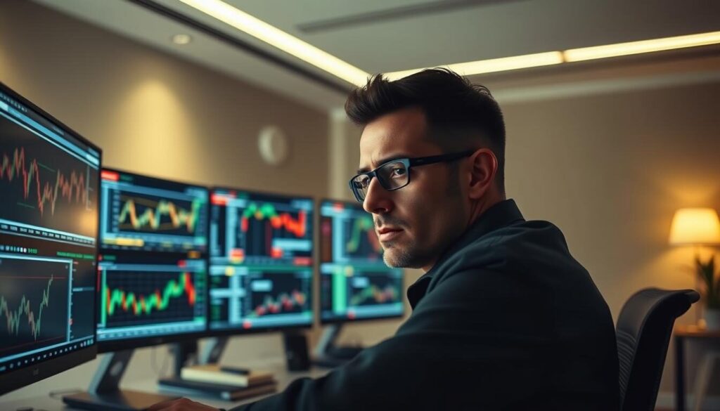A serene office setting with a lone trader intently focused on multiple displays showcasing stock charts and financial data. Soft, directional lighting illuminates the scene, creating a contemplative atmosphere. The trader's expression conveys a nuanced blend of caution and determination, as they carefully navigate the complexities of the forex market. In the background, a sleek, modern workspace with minimalist decor emphasizes the professional, data-driven nature of their trade. Subtle shadows and depth of field draw the viewer's eye to the core of the risk management process unfolding before them.