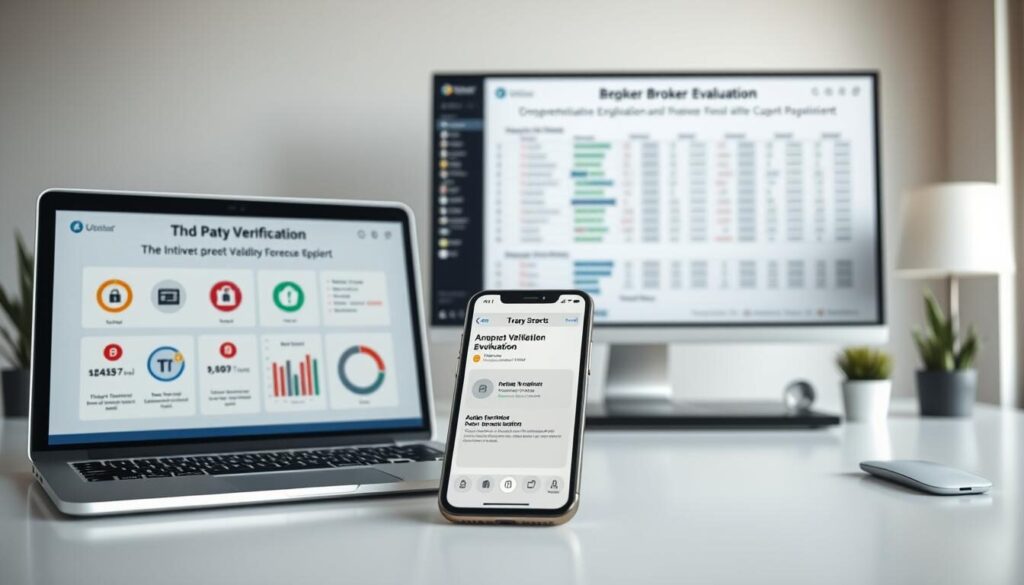 A serene office setting with a sleek, modern desktop setup. In the foreground, a laptop screen displays various third-party verification tools for forex brokers, featuring intuitive dashboards and security indicators. The middle ground showcases a smartphone with a finance app open, highlighting authentication features. In the background, a large monitor displays a comprehensive broker evaluation report, its details visible through a depth-of-field blur. The lighting is soft and diffused, creating a professional yet inviting atmosphere. The overall scene conveys a sense of trust, transparency, and due diligence in the world of forex trading.