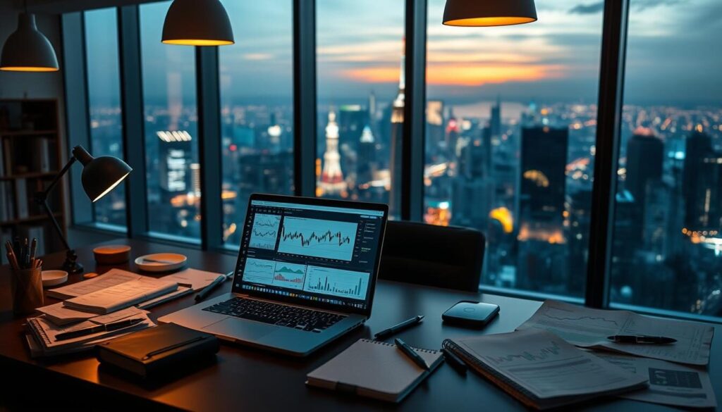 A serene office workspace, illuminated by warm, soft lighting from overhead lamps. On the desk, a laptop displays intricate forex trading charts and graphs, surrounded by a neatly organized array of notebooks, pens, and financial reports. In the background, a floor-to-ceiling window offers a panoramic view of a bustling city skyline, casting a gentle glow across the scene. The workspace exudes a sense of focused concentration and analytical precision, perfectly capturing the essence of developing a successful forex trading strategy.