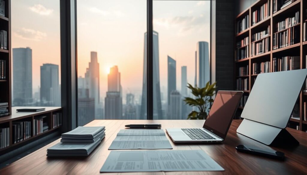 A serene study space with a large panoramic window overlooking a futuristic cityscape. The foreground features a sleek wooden desk with a minimalist laptop, a stack of research papers, and a tactile graphics tablet. In the middle ground, bookshelves line the walls, filled with digital and physical tomes on finance, economics, and trading strategies. The background showcases a gleaming skyline of towering skyscrapers, their facades reflecting the warm glow of the setting sun. The lighting is soft and indirect, creating a contemplative atmosphere conducive to deep study and research.