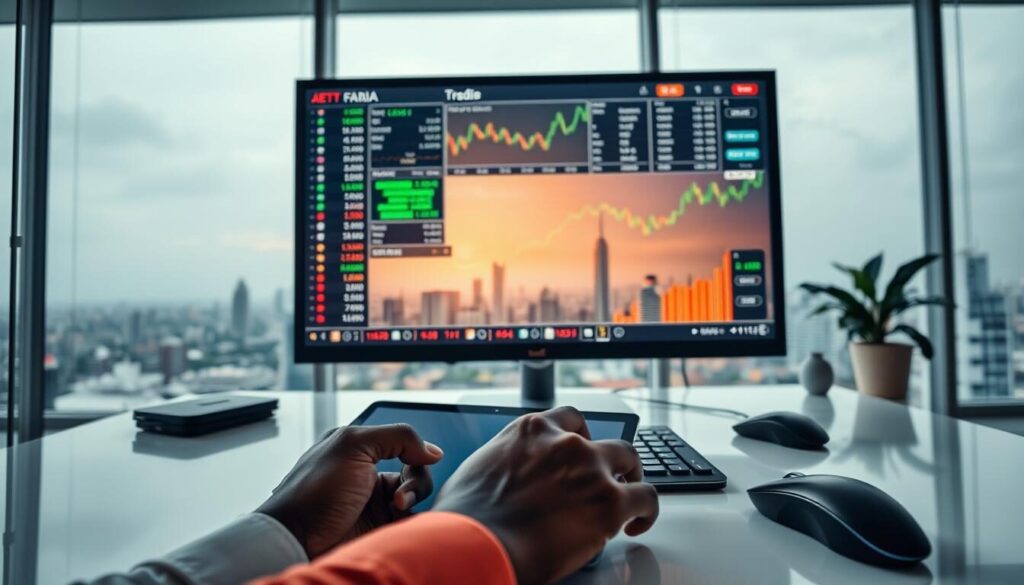 A serene trading desk in a modern Ghanaian office, with a large monitor displaying real-time forex data and charts. The scene is illuminated by soft, diffused lighting, creating a professional yet inviting atmosphere. In the foreground, a hand makes notes on a tablet, while the middle ground features a keyboard and mouse, symbolizing the active engagement of a forex trader. The background showcases the cityscape of Accra, Ghana's vibrant capital, hinting at the global nature of the forex market. The overall composition conveys the expertise, diligence, and international perspective of the best forex brokers in Ghana.