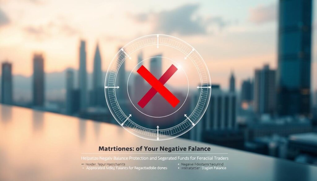 A serene, well-lit financial landscape with a central focus on a negative balance symbol, depicted as a transparent, ethereal circle with a red minus sign at its core. The background features a blurred, softly illuminated cityscape with skyscrapers and financial infrastructure, conveying a sense of stability and security. The foreground showcases a thoughtfully designed infographic or diagram, highlighting the importance of negative balance protection and segregated funds for forex traders, using clean lines, geometric shapes, and a minimalist color palette of blues, grays, and accents of red. The overall mood is one of reassurance, professionalism, and the responsible management of financial risk.