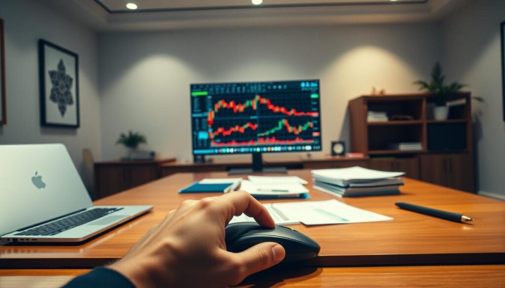 A serene, well-lit office interior, showcasing a polished wooden desk, a professional-looking laptop, and a variety of financial documents neatly arranged. In the foreground, a hand hovers over a computer mouse, symbolizing the careful selection process of a non-leveraged forex broker. The middle ground features a large monitor displaying various currency pairs and trading charts, illuminated by soft, directional lighting. The background gently fades into a calming, minimalist decor, conveying a sense of focus and financial prudence. The overall atmosphere is one of thoughtful, disciplined trading, reflecting the "Choosing the Right Broker for No-Leverage Trading" section of the article.