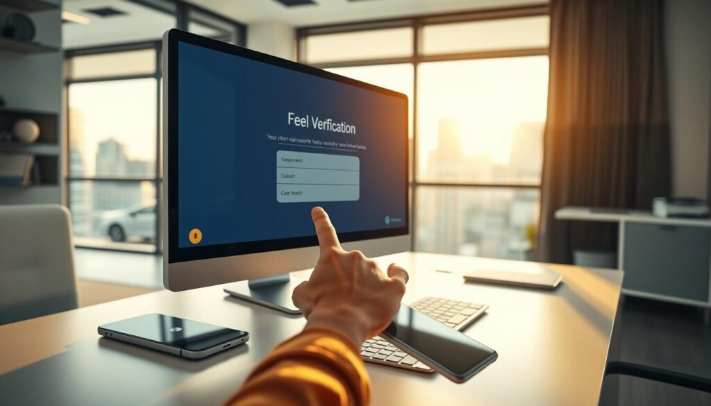 A serene, well-lit office setting with a modern, minimalist aesthetic. A desktop computer and sleek smartphone are positioned neatly on a clean, uncluttered desk. The background features a large window overlooking a cityscape, bathing the scene in warm, natural light. A human hand is visible, smoothly navigating through an intuitive digital interface, effortlessly completing the account verification process. The overall atmosphere conveys a sense of efficiency, security, and customer-centric design.